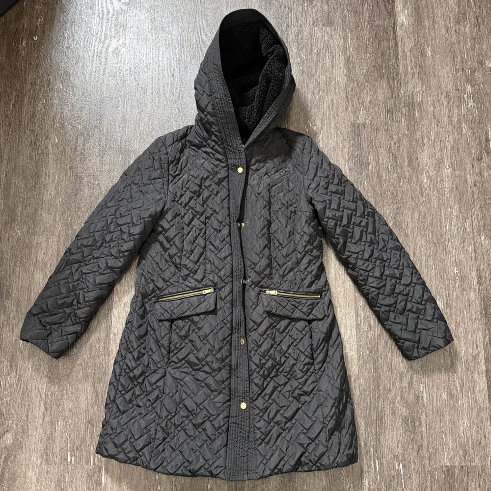 Cole Haan Quilted Coat Women M Black Sherpa Lined Hooded Parka Jacket Gold Zip